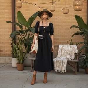 Black Smocked Midi Dress – Puff Sleeve – Square Neck – Boho Chic